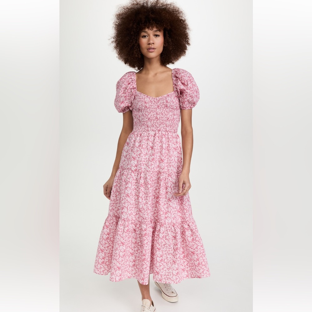 Moon River Pink Puff Sleeve Midi Dress